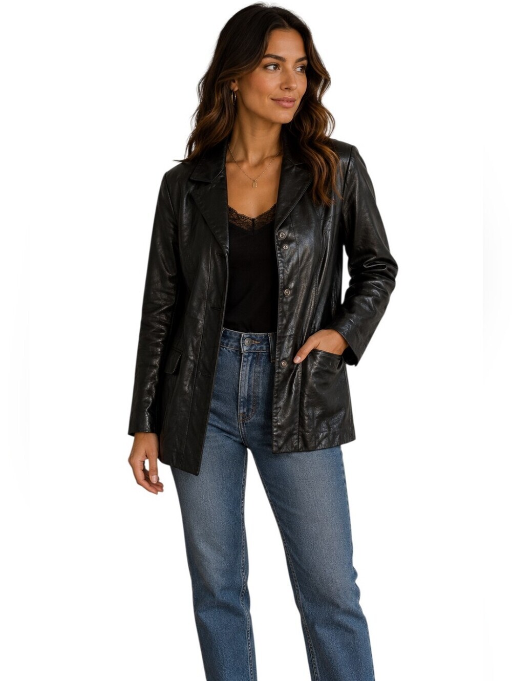 FREE COUNTRY Vintage Black Leather Blazer Jacket 100% Leather Snap Front Size SM
